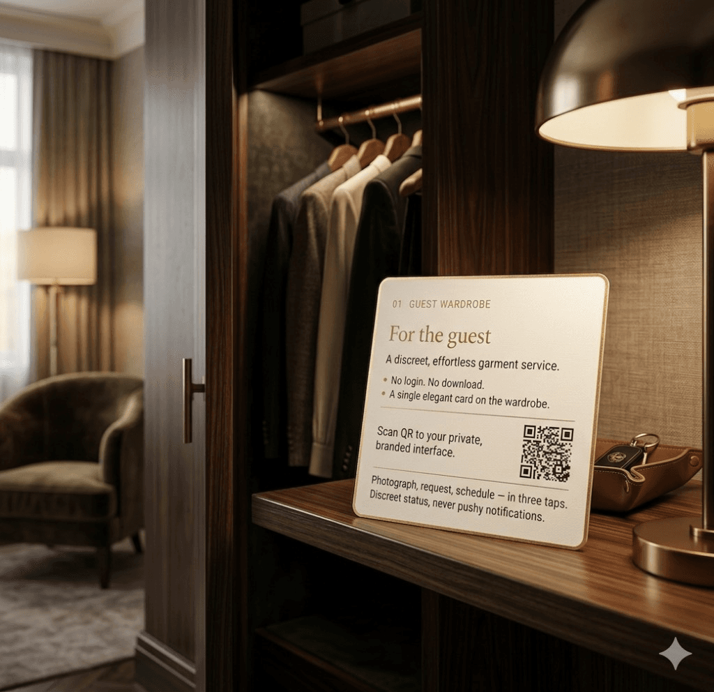 Guest wardrobe card beside an open closet with tailored suits on wooden hangers
