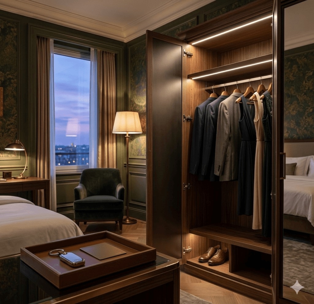 Illuminated hotel wardrobe with formal suits and dresses at evening