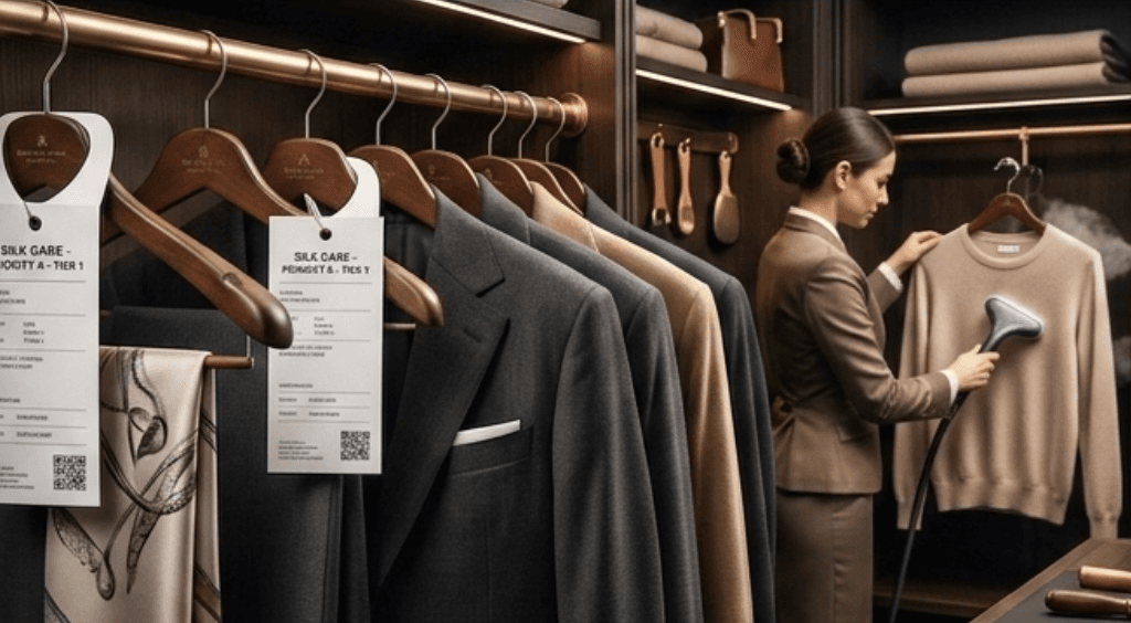Housekeeping steaming a garment beside tagged suits in a lit wardrobe atelier